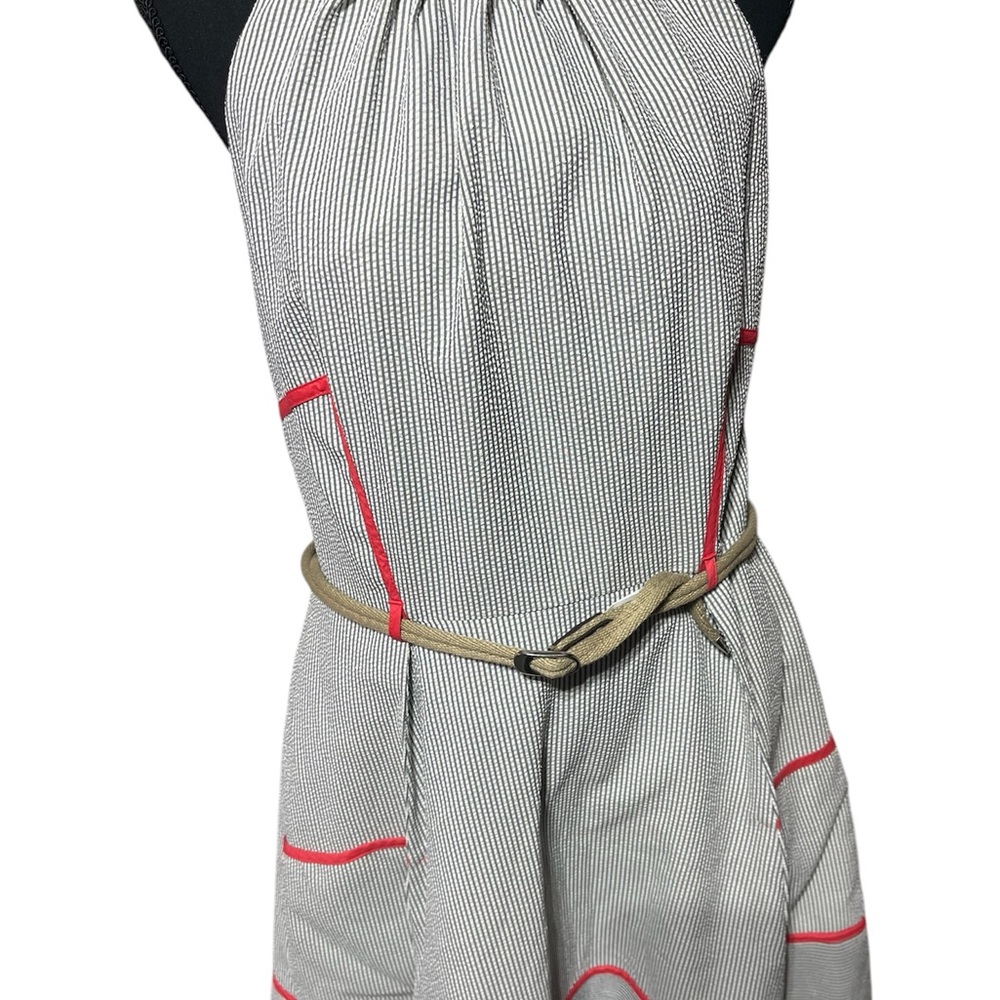 JESSICA SIMPSON BACKLESS SEER SUCKER DRESS WOMEN 14 BLUE WHITE RED TRIM MINIMAL - Picture 4 of 14